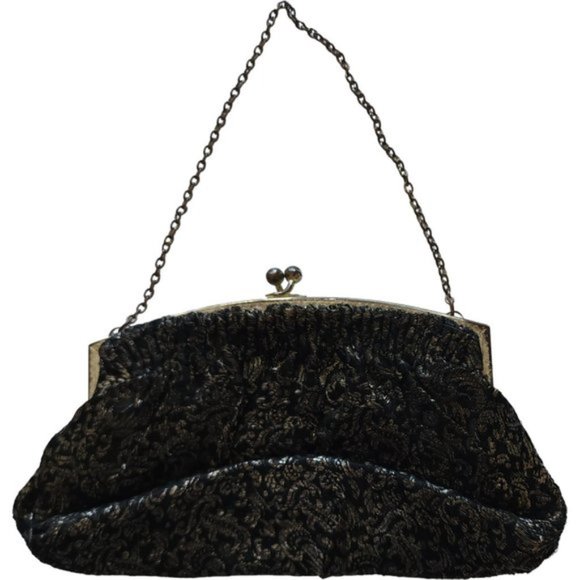 Vintage black and gold evening bag with kiss closure - Picture 2 of 6